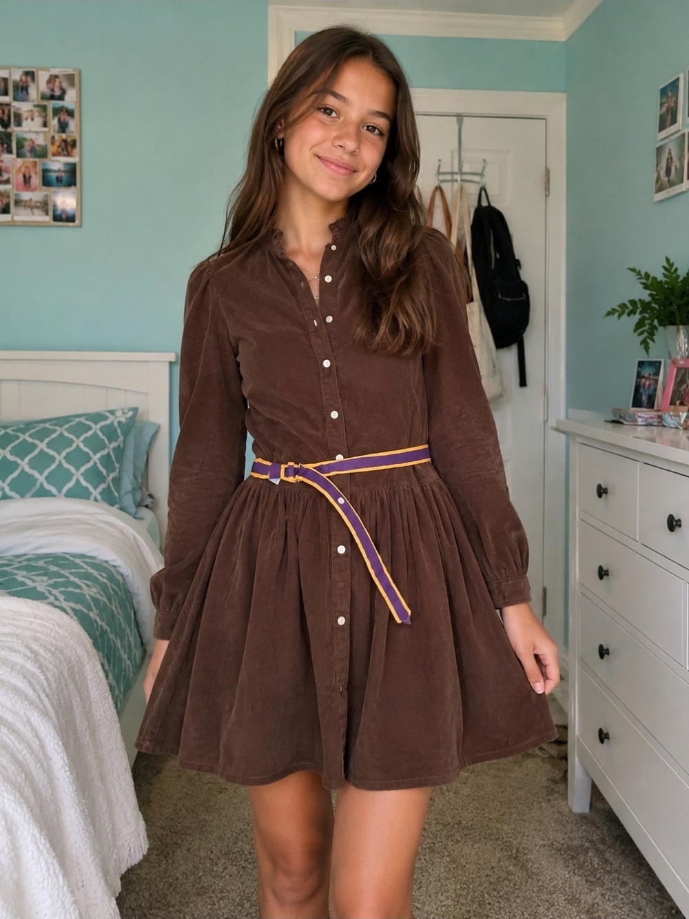 Polo by Ralph Lauren Brown Cotton Corduroy Button-Front  Dress with Striped Belt